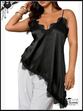 Plus Size Satin Lace Trim Spaghetti Strap V Neck Asymmetrical Cami Top